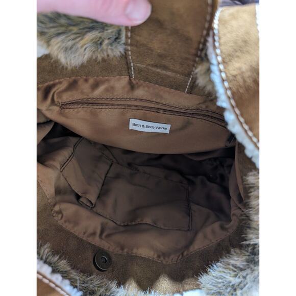 Bath & Body Works Shoulder Bag Brown Suede Cream Sherpa Trim Faux Fur Purse - Picture 6 of 8